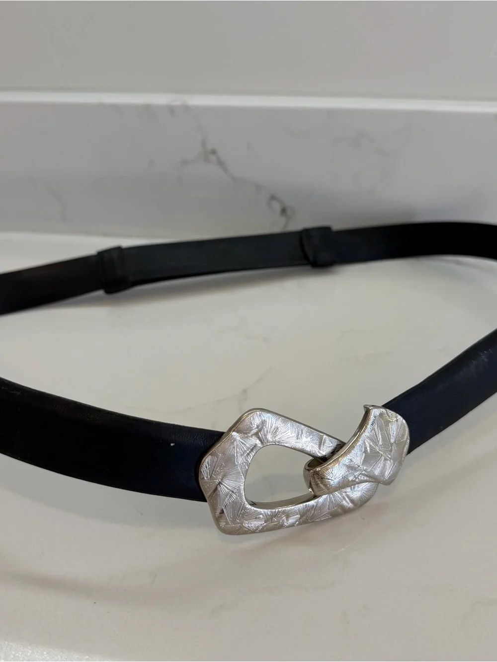 Vintage Black Leather Belt Silver Why CB Ed Buckle Women’s Size Med LRG